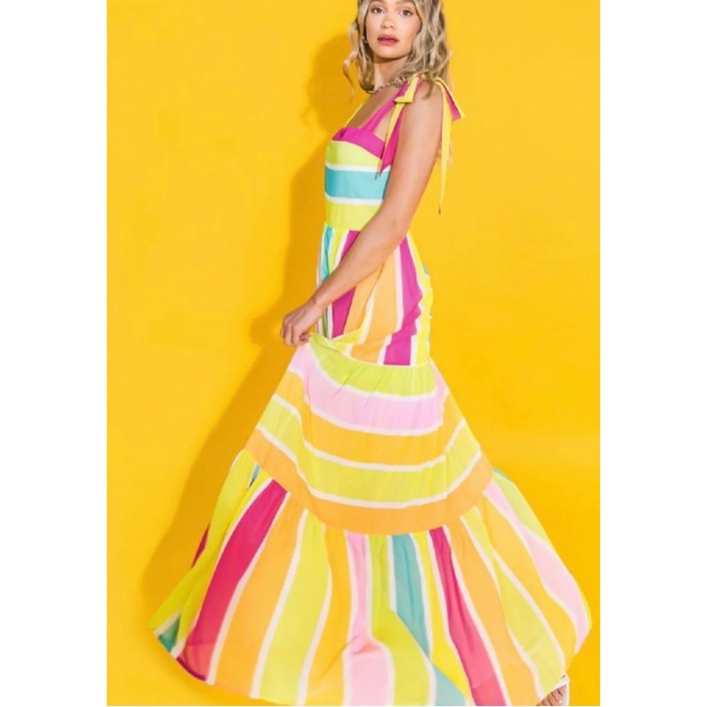Ms Bling Multi Color Striped Tiered Maxi Dress Yellow Pink Orange Teal‎ Size Med